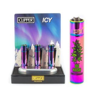 Clipper Feuerzeug Jetflame Blue Metal Icy - Amsterdam OG Kush (1 x 12Stk)